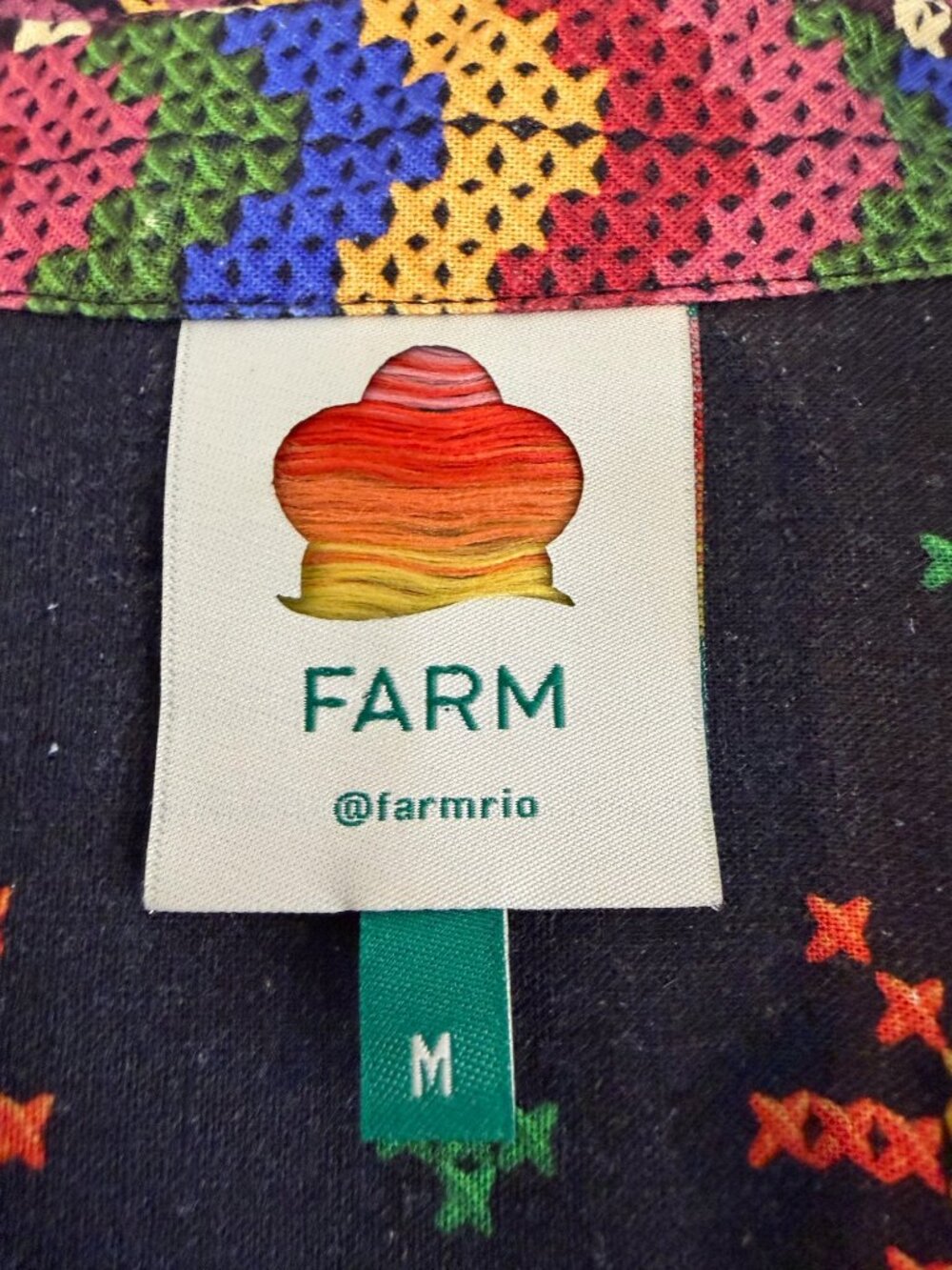 FARM Rio Black Cross Stitch Rainbow Sun Bird Linen Belted Shirt Dress M NWOT - Picture 4 of 7